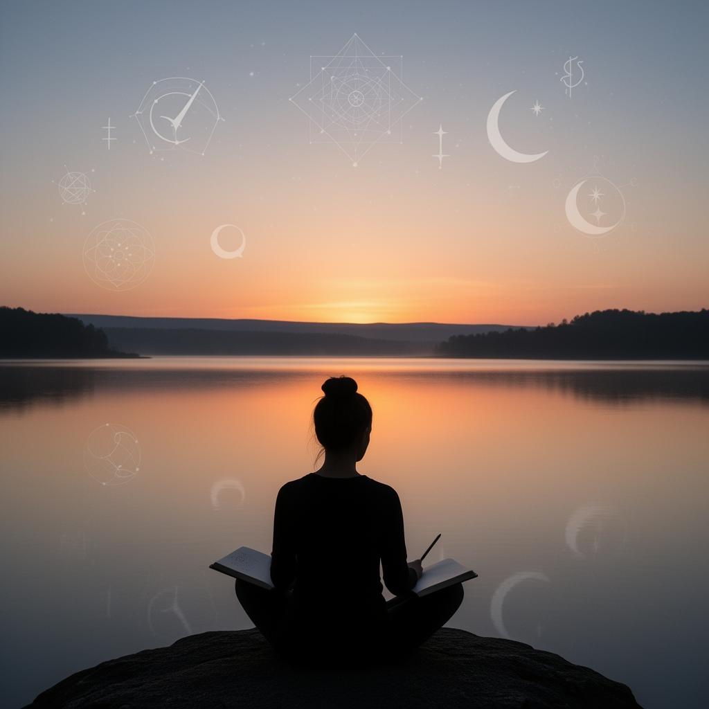 Calm dawn scene with reflective journaling after meditation