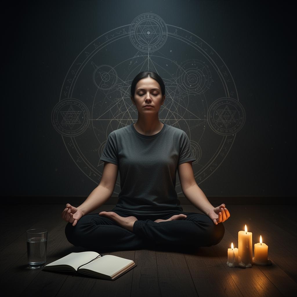 Person meditating in a dim room with journal and candles